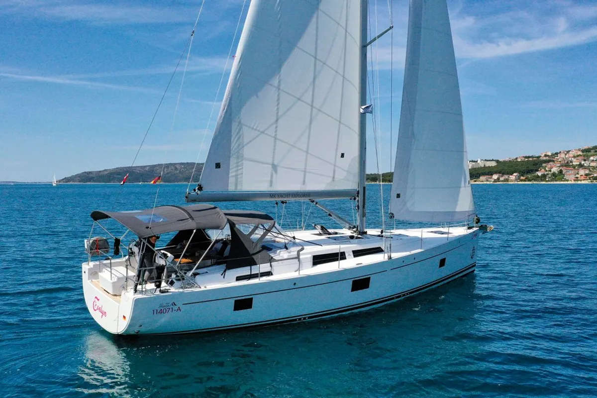 Exterior view of Evelyn, a Hanse Yachts Hanse 508 sailboat at Seget Donji, Croatia