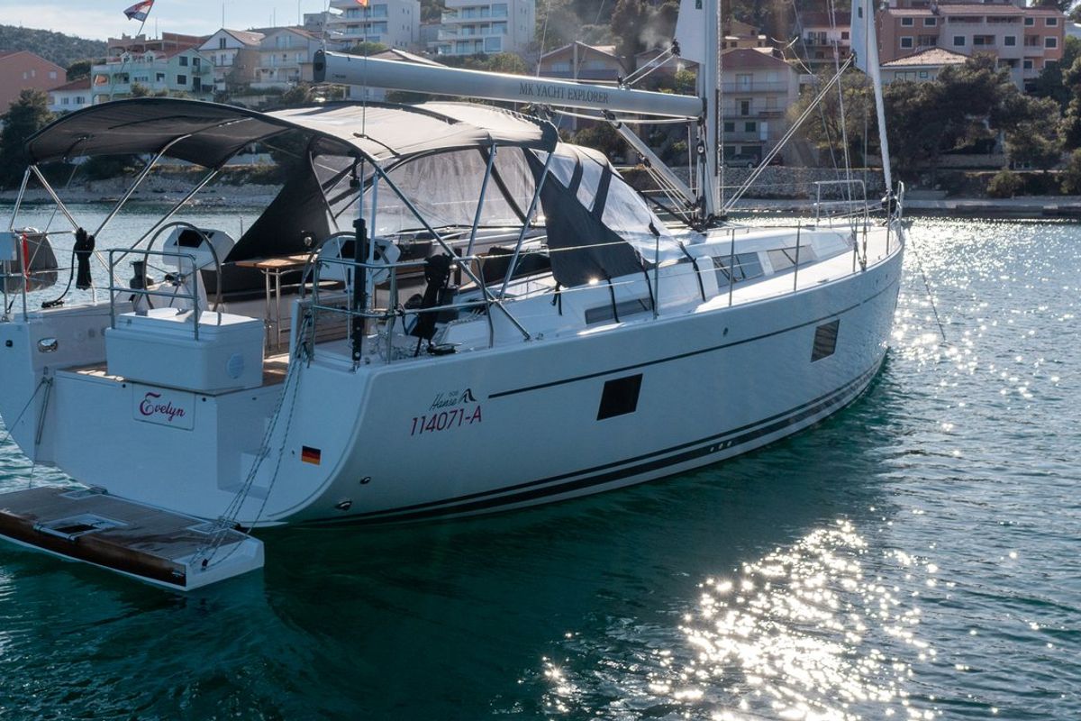 Exterior view of Evelyn, a Hanse Yachts Hanse 508 sailboat at Seget Donji, Croatia