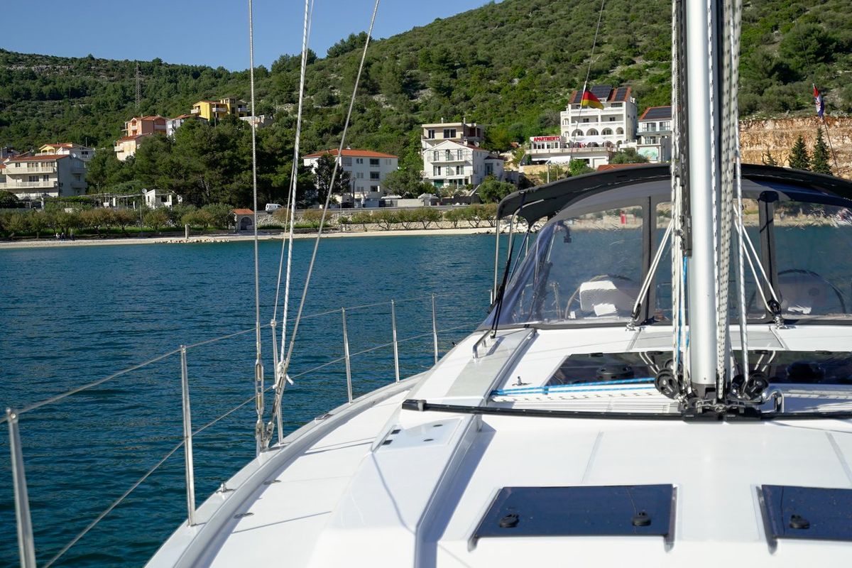 Deck of Evelyn, a Hanse Yachts Hanse 508 sailboat at Seget Donji, Croatia
