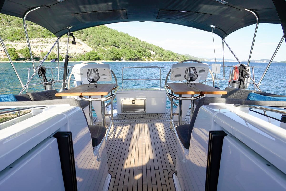 Cockpit of Evelyn, a Hanse Yachts Hanse 508 sailboat at Seget Donji, Croatia
