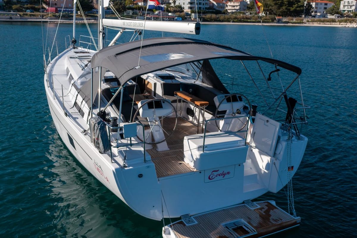 Exterior view of Evelyn, a Hanse Yachts Hanse 508 sailboat at Seget Donji, Croatia