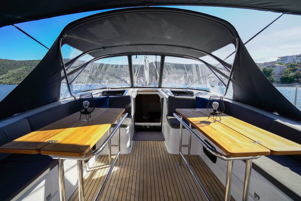 Deck of Evelyn, a Hanse Yachts Hanse 508 sailboat at Seget Donji, Croatia