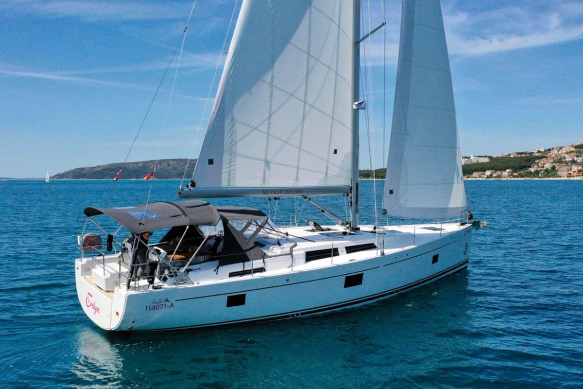 Exterior view of Evelyn, a Hanse Yachts Hanse 508 sailboat at Seget Donji, Croatia