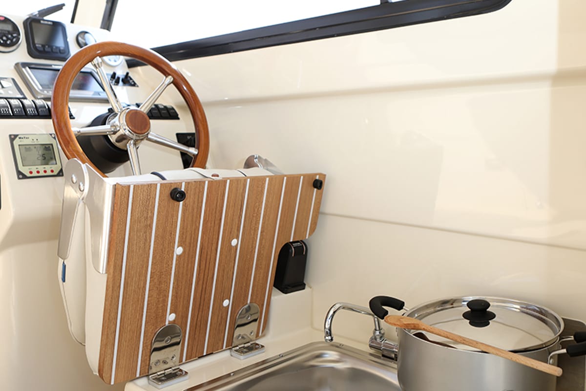 Cockpit of H2, a Leidi 660 motorboat at Grad Pula, Croatia