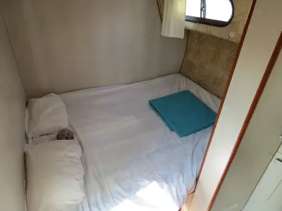 Cabin on Sonate, a Nicols Sedan 1000 motorboat at Grez-Neuville, France