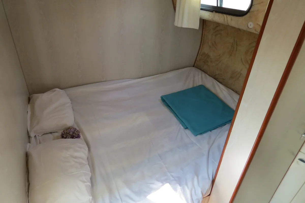 Cabin on Sonate, a Nicols Sedan 1000 motorboat at Grez-Neuville, France