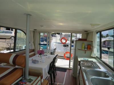 Salon of Sonate, a Nicols Sedan 1000 motorboat at Grez-Neuville, France