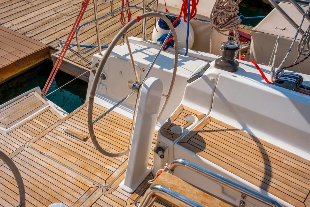 Cockpit of Draco, a Hanse Yachts Hanse 445 sailboat at Fethiye, Turkey