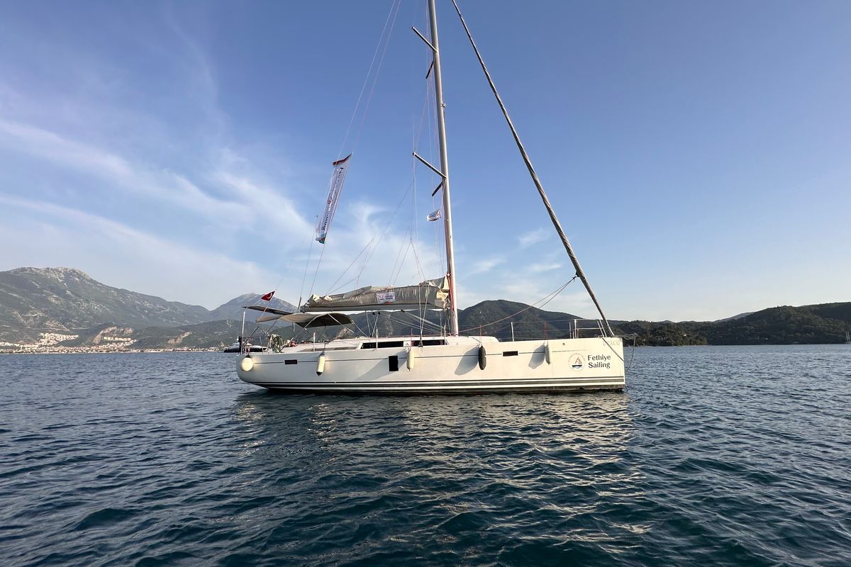 Exterior view of Draco, a Hanse Yachts Hanse 445 sailboat at Fethiye, Turkey