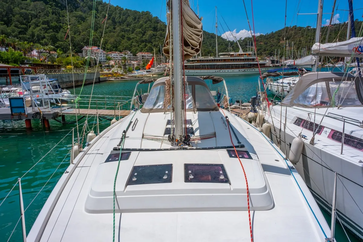 Deck of Draco, a Hanse Yachts Hanse 445 sailboat at Fethiye, Turkey