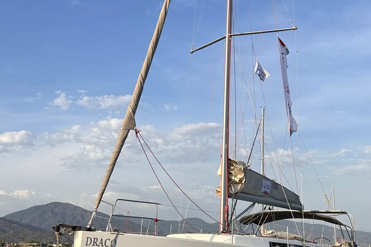 Exterior view of Draco, a Hanse Yachts Hanse 445 sailboat at Fethiye, Turkey