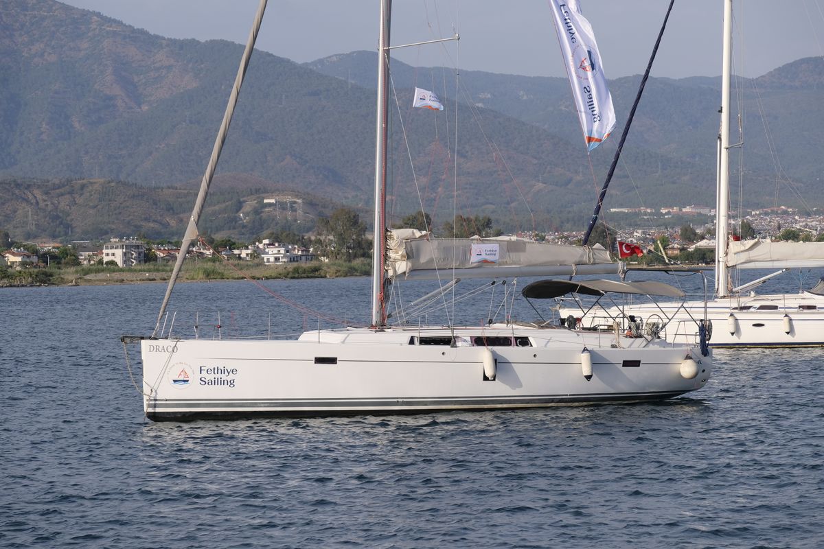Exterior view of Draco, a Hanse Yachts Hanse 445 sailboat at Fethiye, Turkey