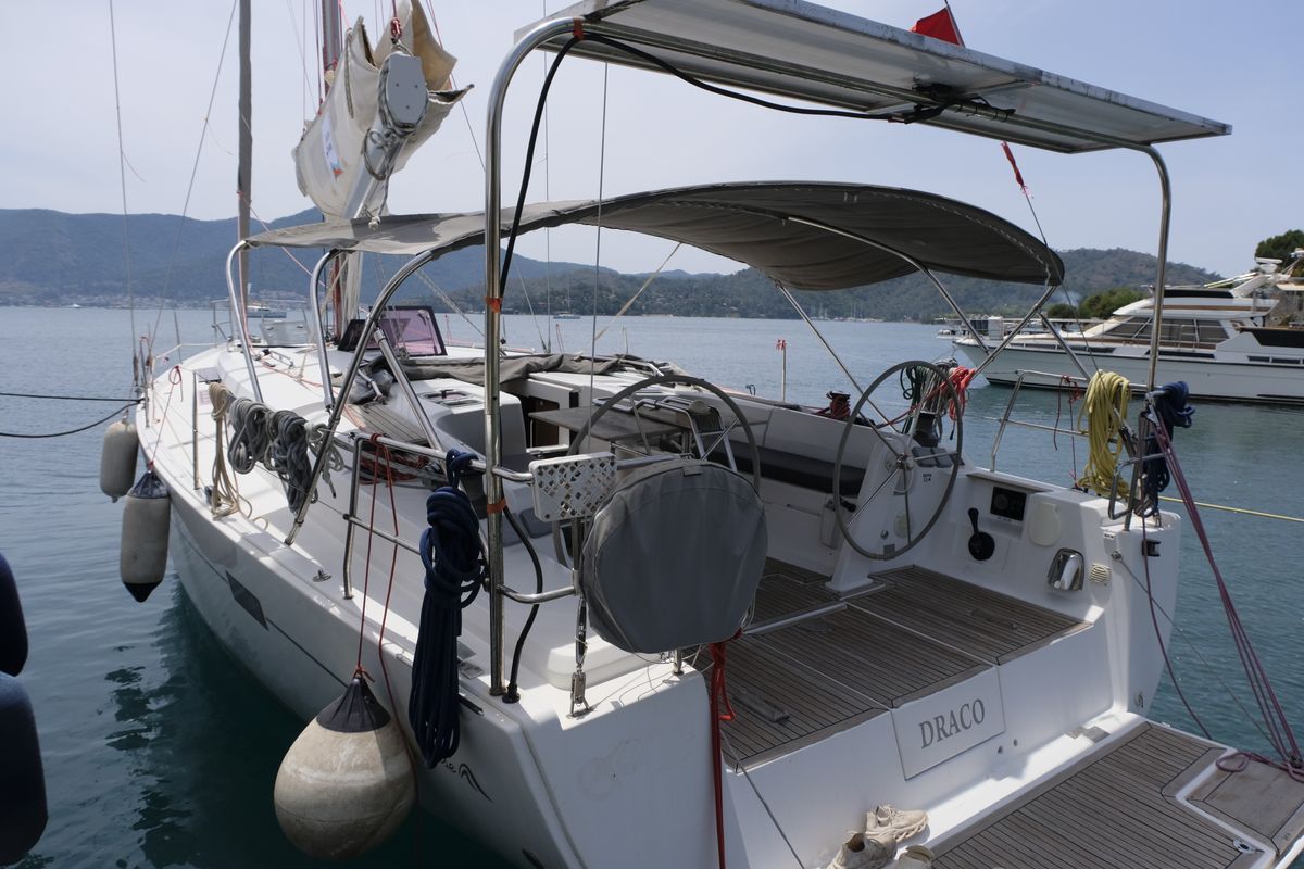 Cockpit of Draco, a Hanse Yachts Hanse 445 sailboat at Fethiye, Turkey