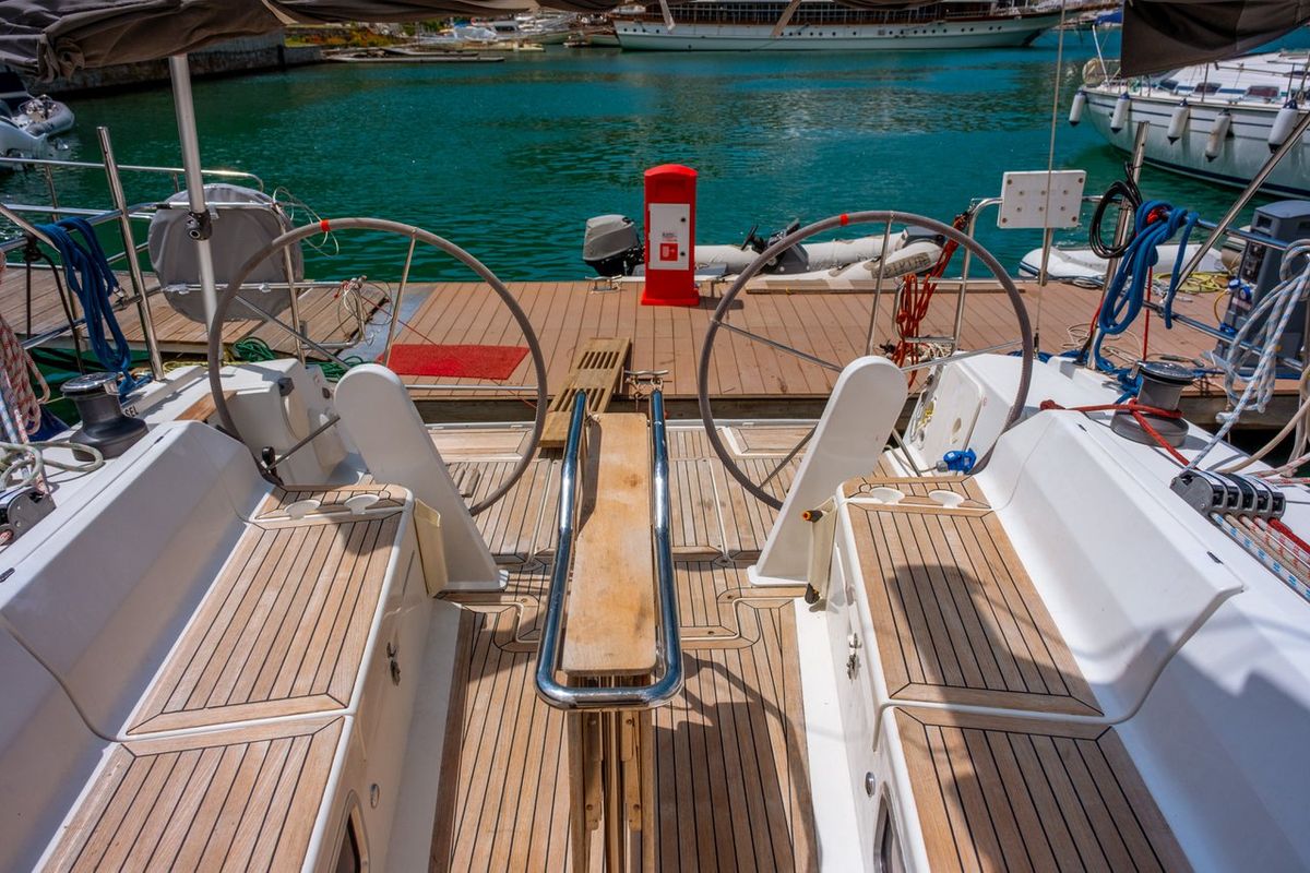 Cockpit of Draco, a Hanse Yachts Hanse 445 sailboat at Fethiye, Turkey