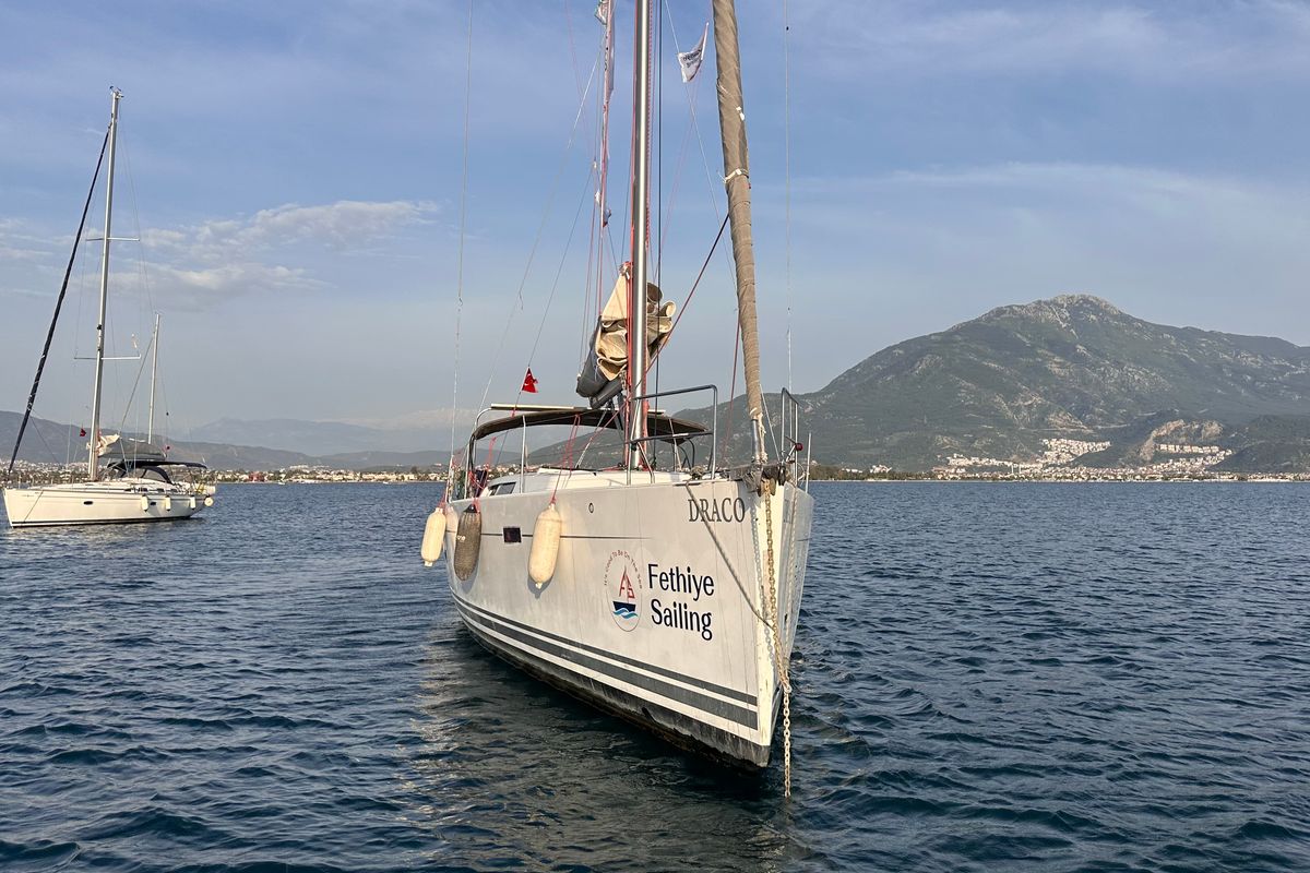Exterior view of Draco, a Hanse Yachts Hanse 445 sailboat at Fethiye, Turkey