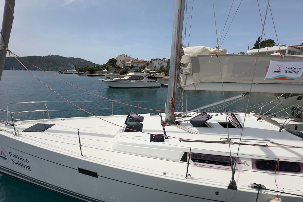 Deck of Draco, a Hanse Yachts Hanse 445 sailboat at Fethiye, Turkey