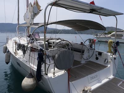 Cockpit of Draco, a Hanse Yachts Hanse 445 sailboat at Fethiye, Turkey