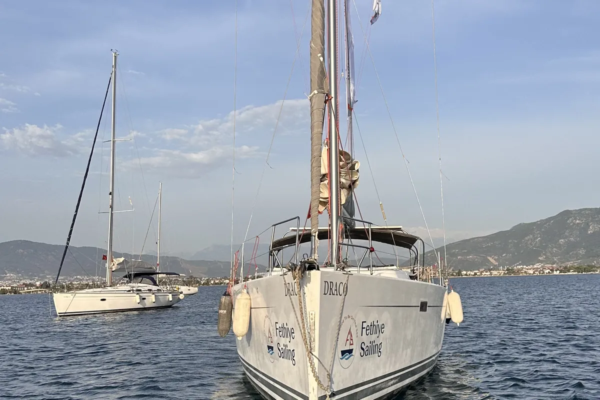 Exterior view of Draco, a Hanse Yachts Hanse 445 sailboat at Fethiye, Turkey