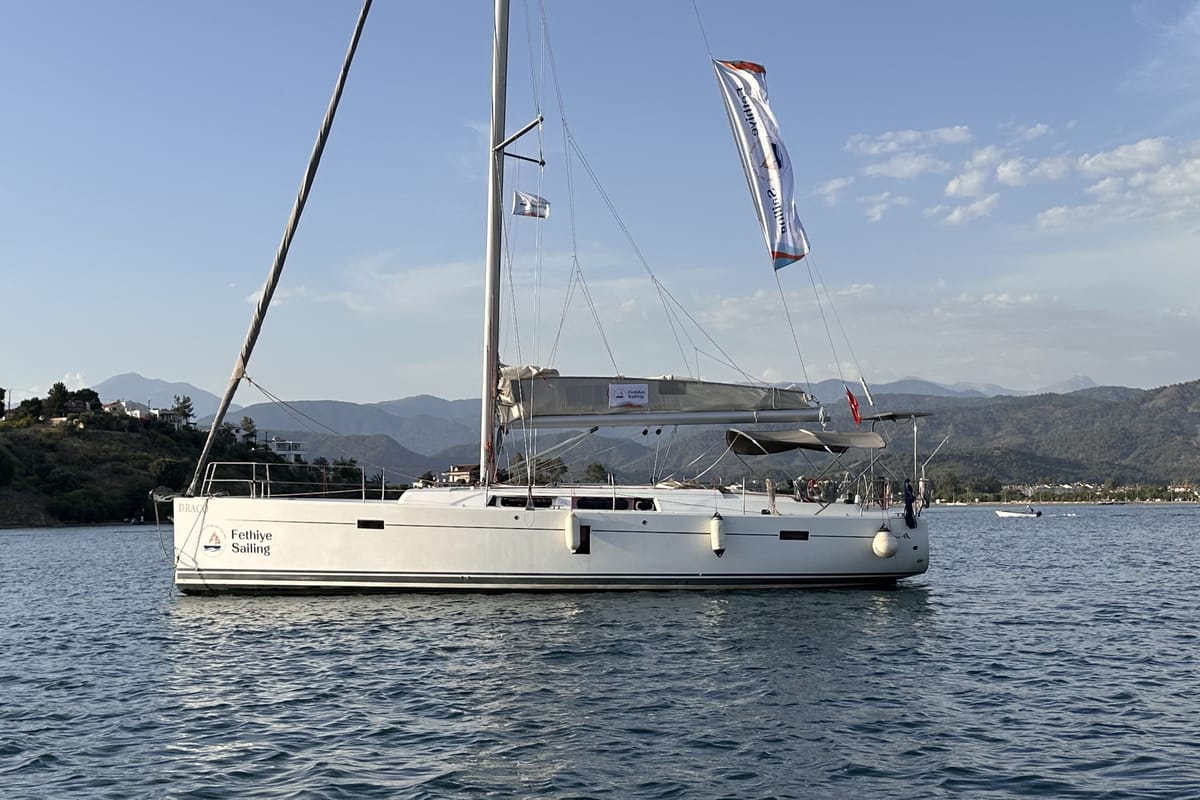 Exterior view of Draco, a Hanse Yachts Hanse 445 sailboat at Fethiye, Turkey
