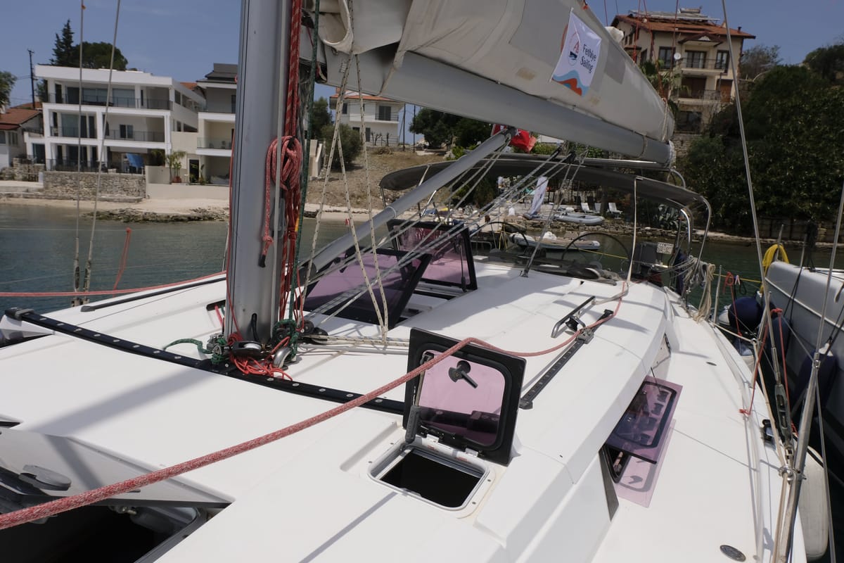 Deck of Draco, a Hanse Yachts Hanse 445 sailboat at Fethiye, Turkey