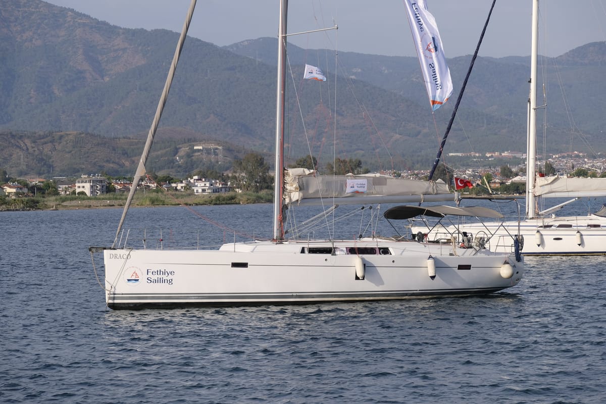 Exterior view of Draco, a Hanse Yachts Hanse 445 sailboat at Fethiye, Turkey