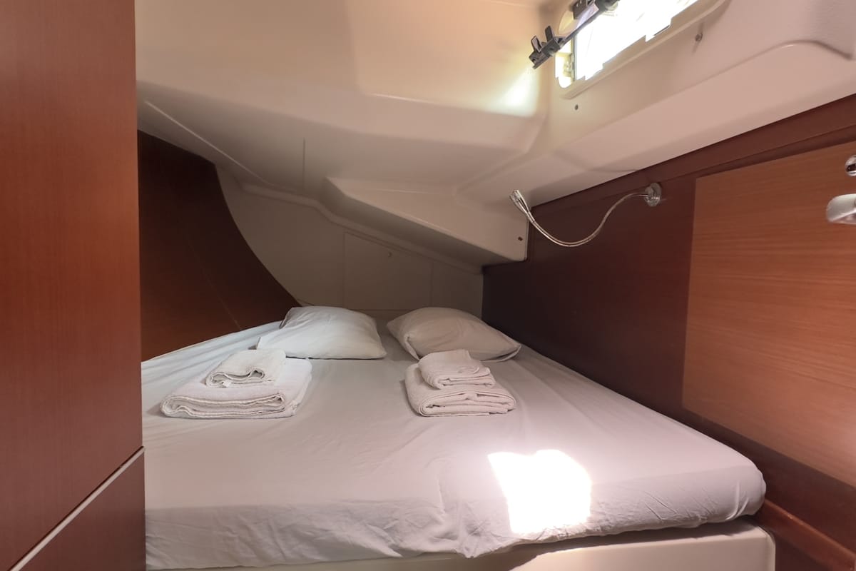 Cabin on Draco, a Hanse Yachts Hanse 445 sailboat at Fethiye, Turkey