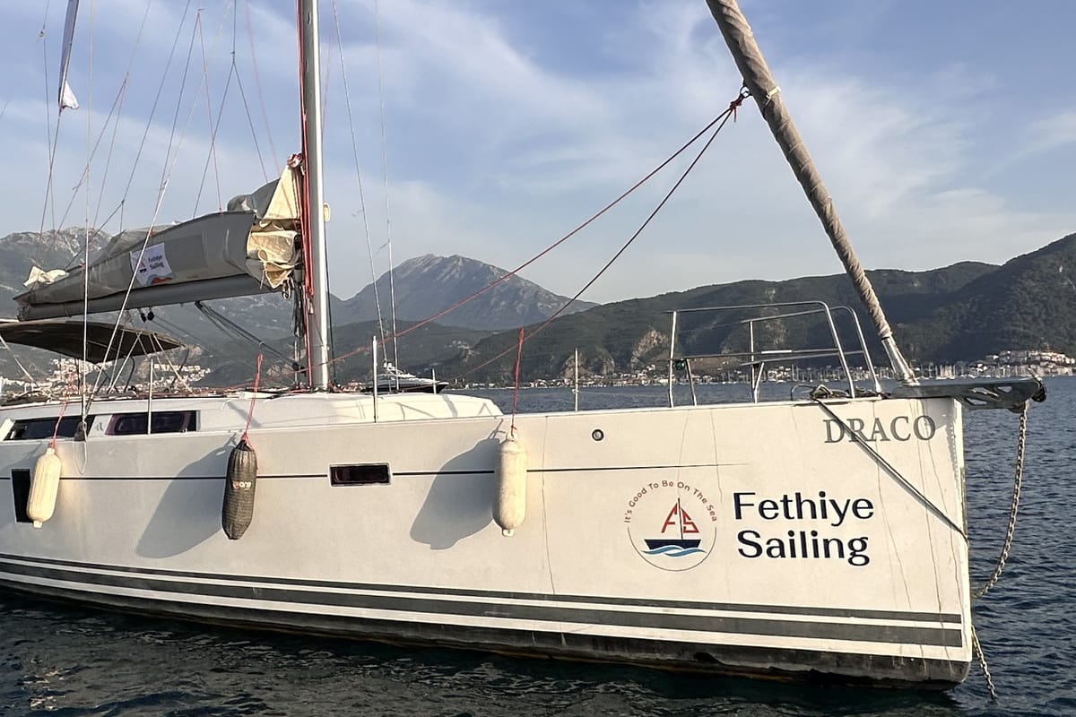 Exterior view of Draco, a Hanse Yachts Hanse 445 sailboat at Fethiye, Turkey