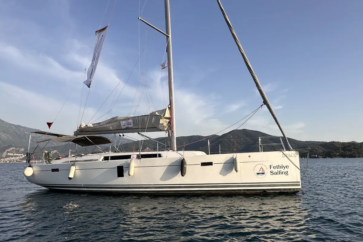 Exterior view of Draco, a Hanse Yachts Hanse 445 sailboat at Fethiye, Turkey