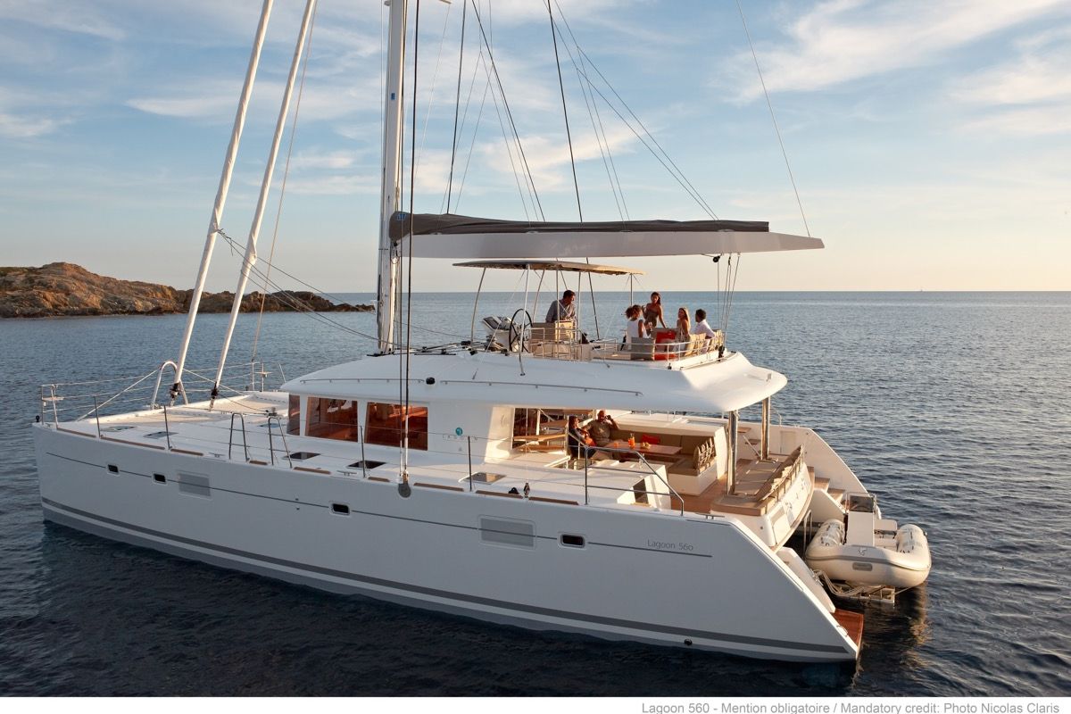 Exterior view of Adeia II, a Lagoon 560 catamaran at Olbia, Italy