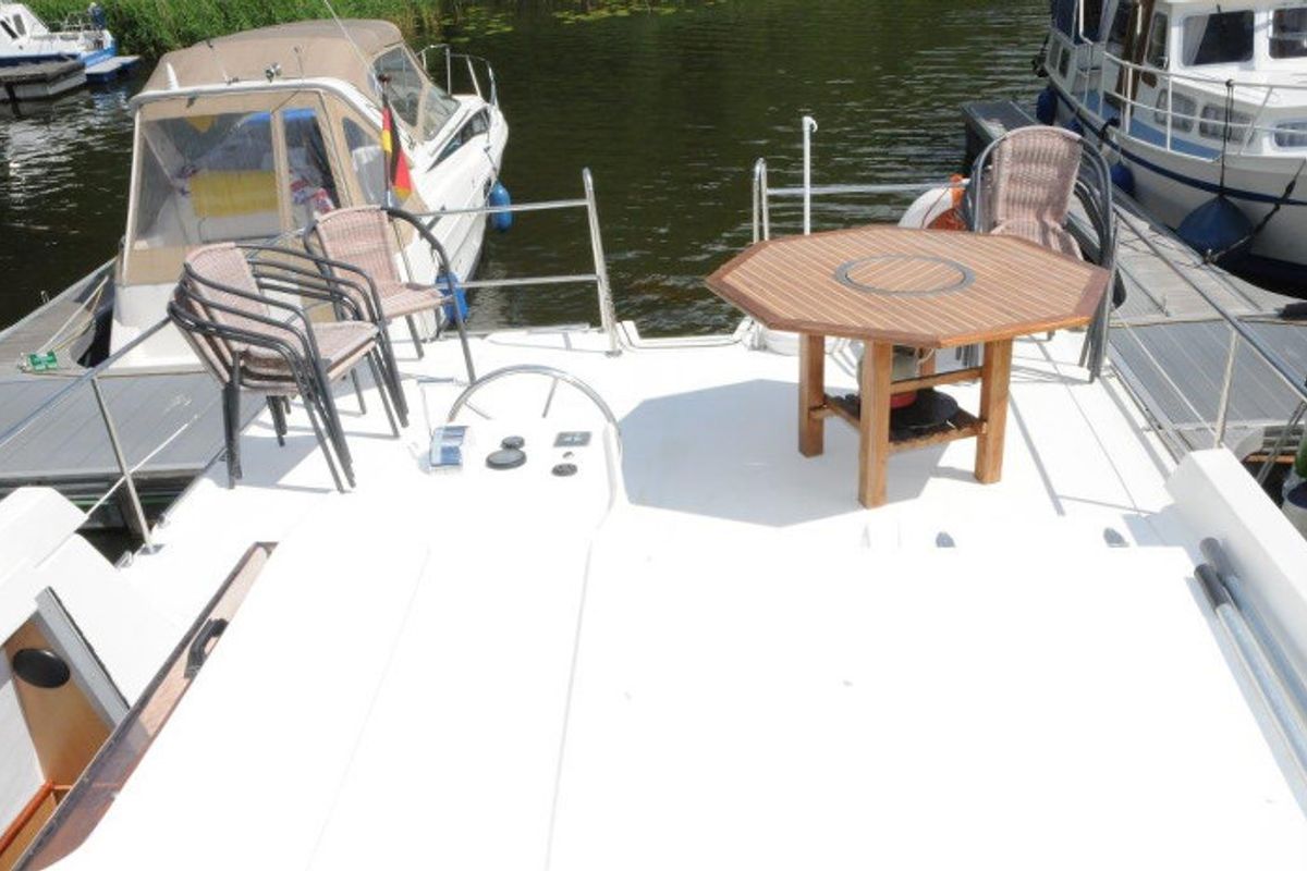 Deck of Aphrodite, a Gulet Tarpon 42 TP motorboat at Lübz, Germany