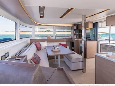 Salon of One Passion, a Lagoon 46 catamaran at Gouvia, Greece