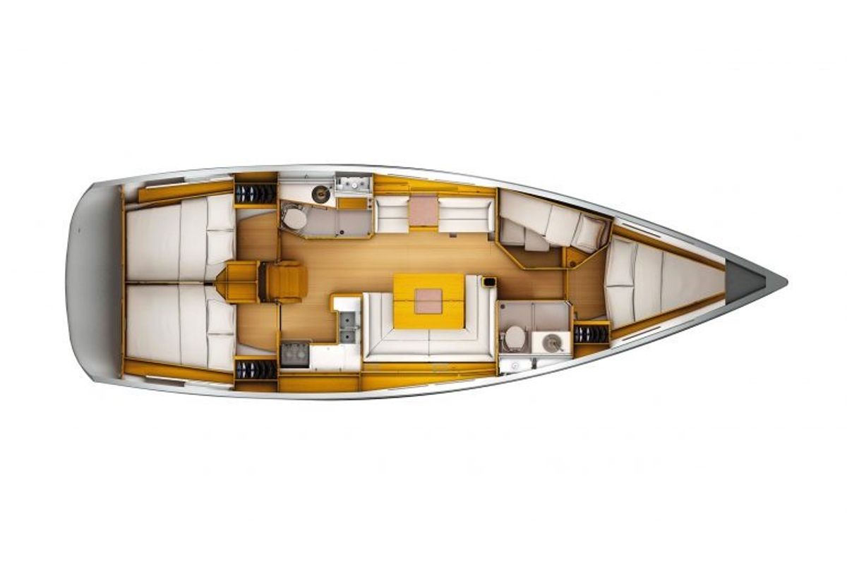 Floor plan of Comfort, a Jeanneau Sun Odyssey 449 sailboat at Gouvia, Greece