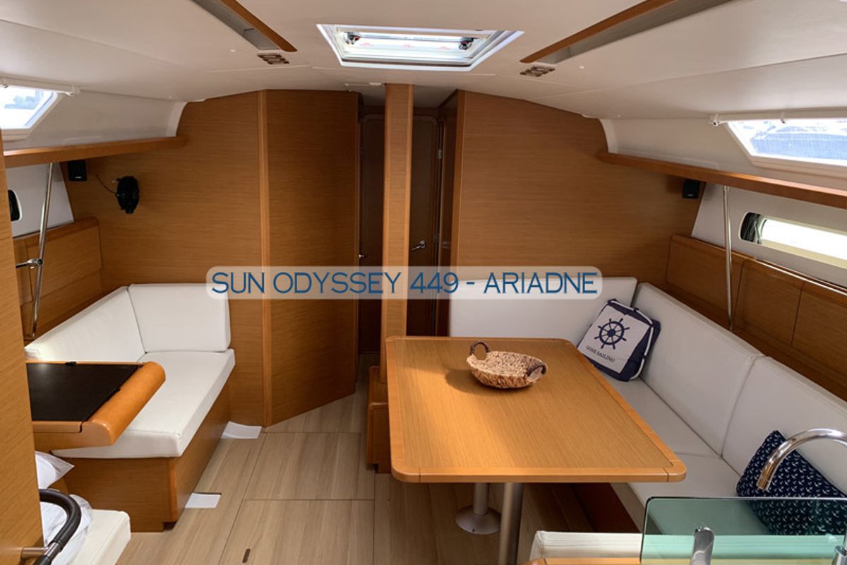 Salon of Comfort, a Jeanneau Sun Odyssey 449 sailboat at Gouvia, Greece