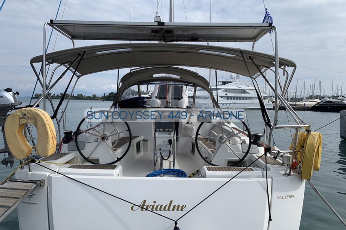 Cockpit of Comfort, a Jeanneau Sun Odyssey 449 sailboat at Gouvia, Greece