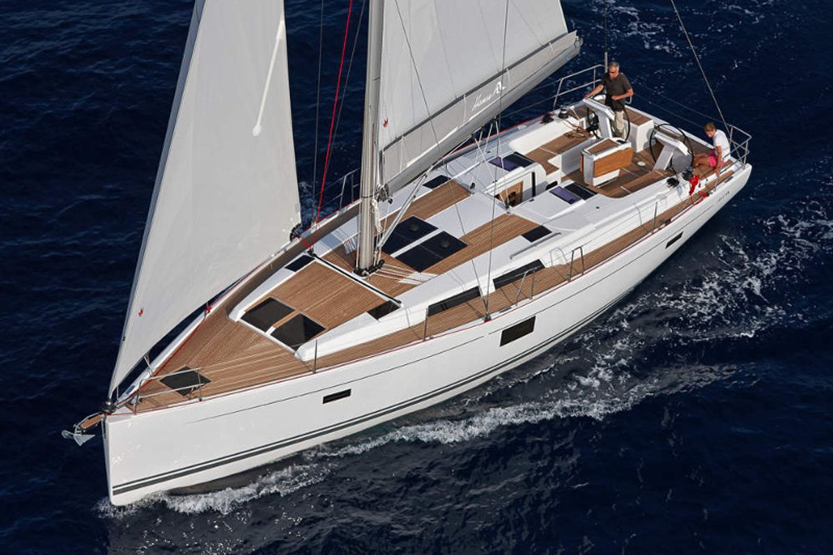 Exterior view of AF-H455, a Hanse Yachts Hanse 455 sailboat at Athens, Greece