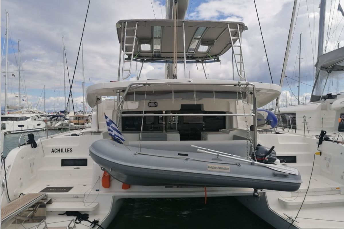 Exterior view of Achilles, a Lagoon 46 catamaran at Kontokali, Greece
