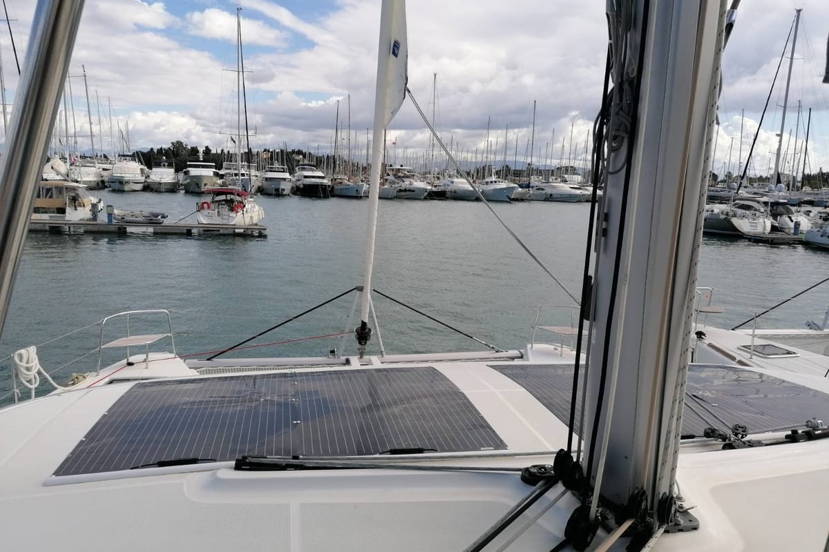 Deck of Achilles, a Lagoon 46 catamaran at Kontokali, Greece