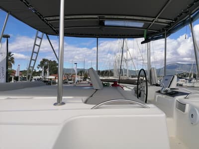 Cockpit of Achilles, a Lagoon 46 catamaran at Kontokali, Greece