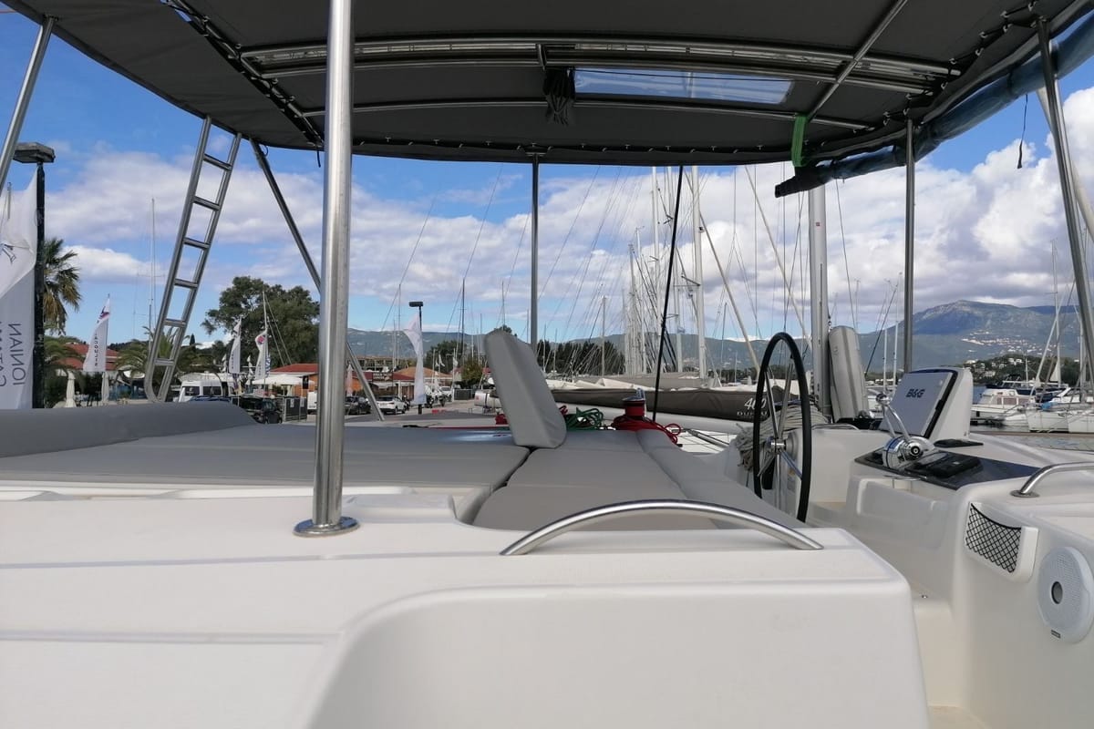 Cockpit of Achilles, a Lagoon 46 catamaran at Kontokali, Greece