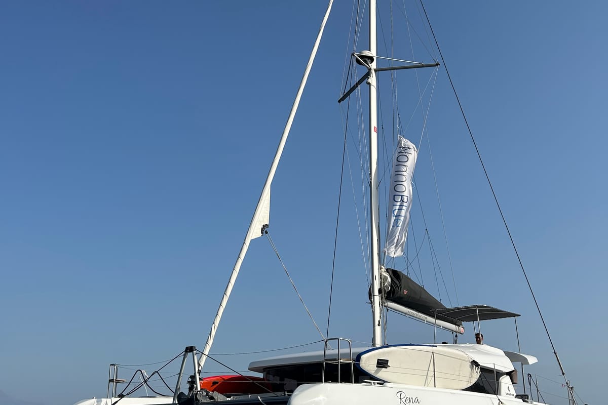 Exterior view of Rena, a Lagoon 42 catamaran at Fethiye, Turkey
