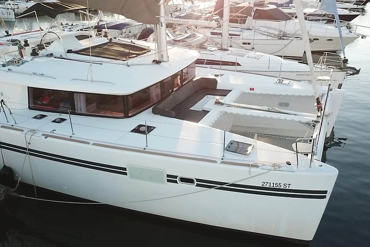 Exterior view of Diva, a Lagoon 450 Fly catamaran at Lavreotiki Municipal Unit, Greece