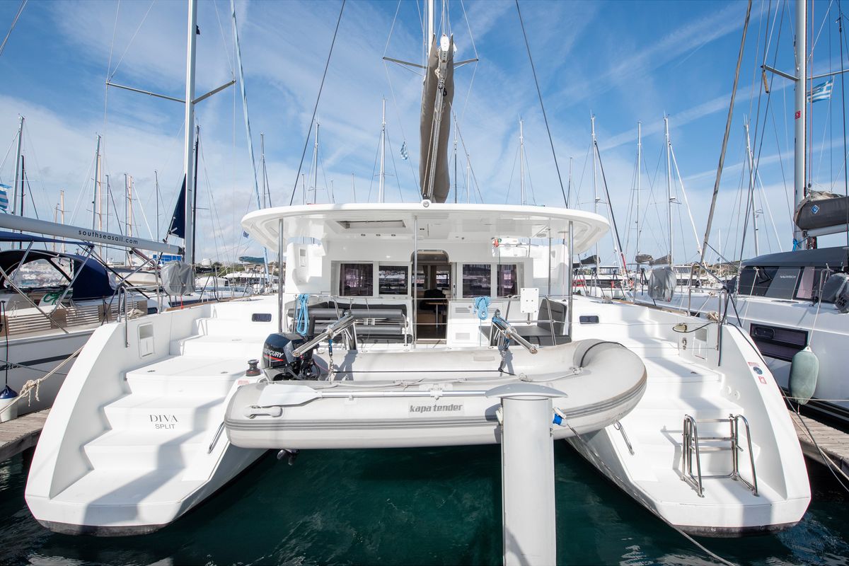 Exterior view of Diva, a Lagoon 450 Fly catamaran at Lavreotiki Municipal Unit, Greece