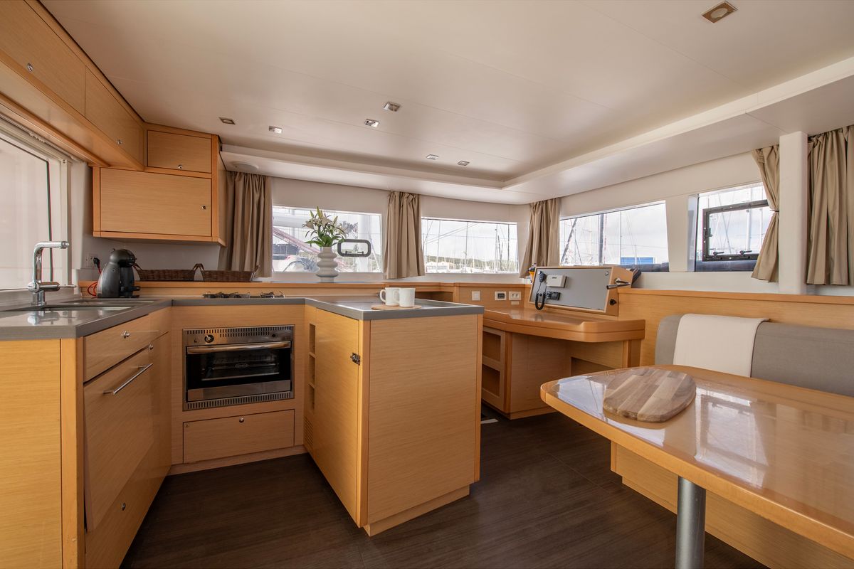 Galley of Diva, a Lagoon 450 Fly catamaran at Lavreotiki Municipal Unit, Greece