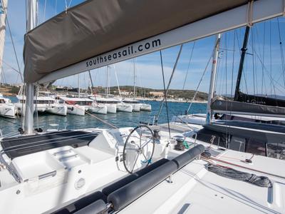 Cockpit of Diva, a Lagoon 450 Fly catamaran at Lavreotiki Municipal Unit, Greece
