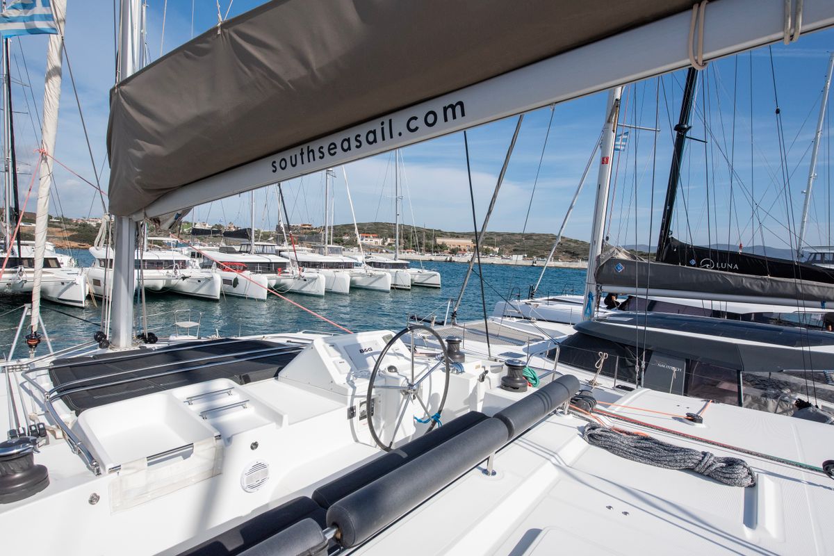 Cockpit of Diva, a Lagoon 450 Fly catamaran at Lavreotiki Municipal Unit, Greece