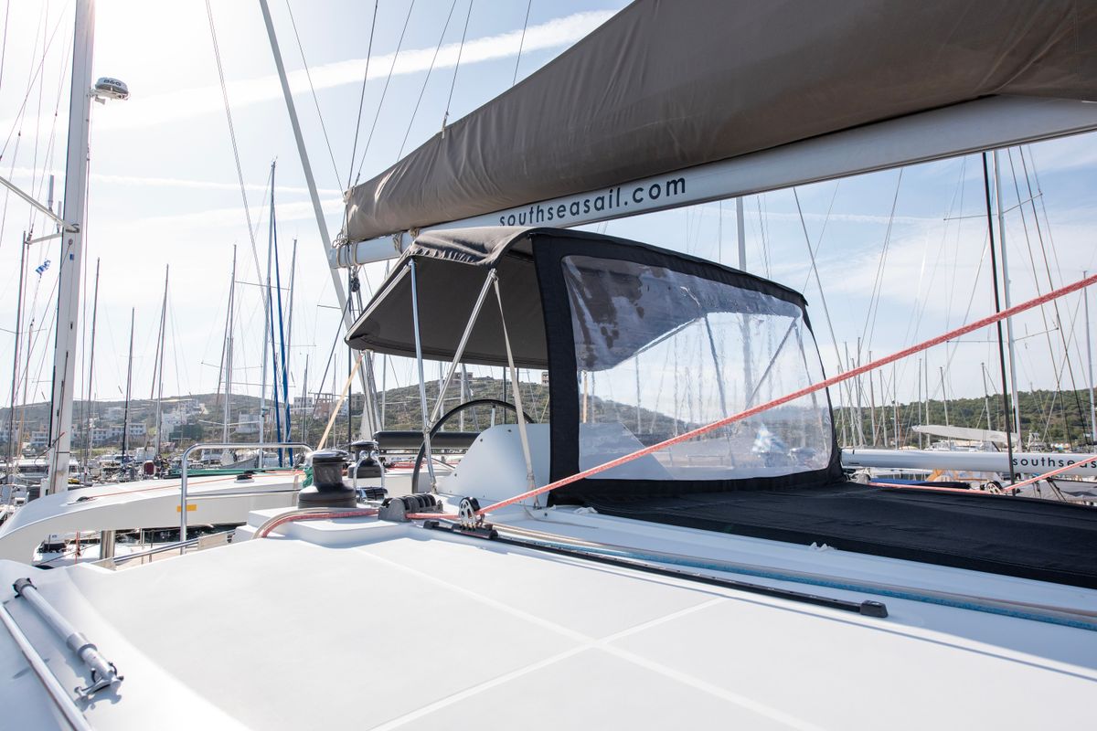 Cockpit of Diva, a Lagoon 450 Fly catamaran at Lavreotiki Municipal Unit, Greece