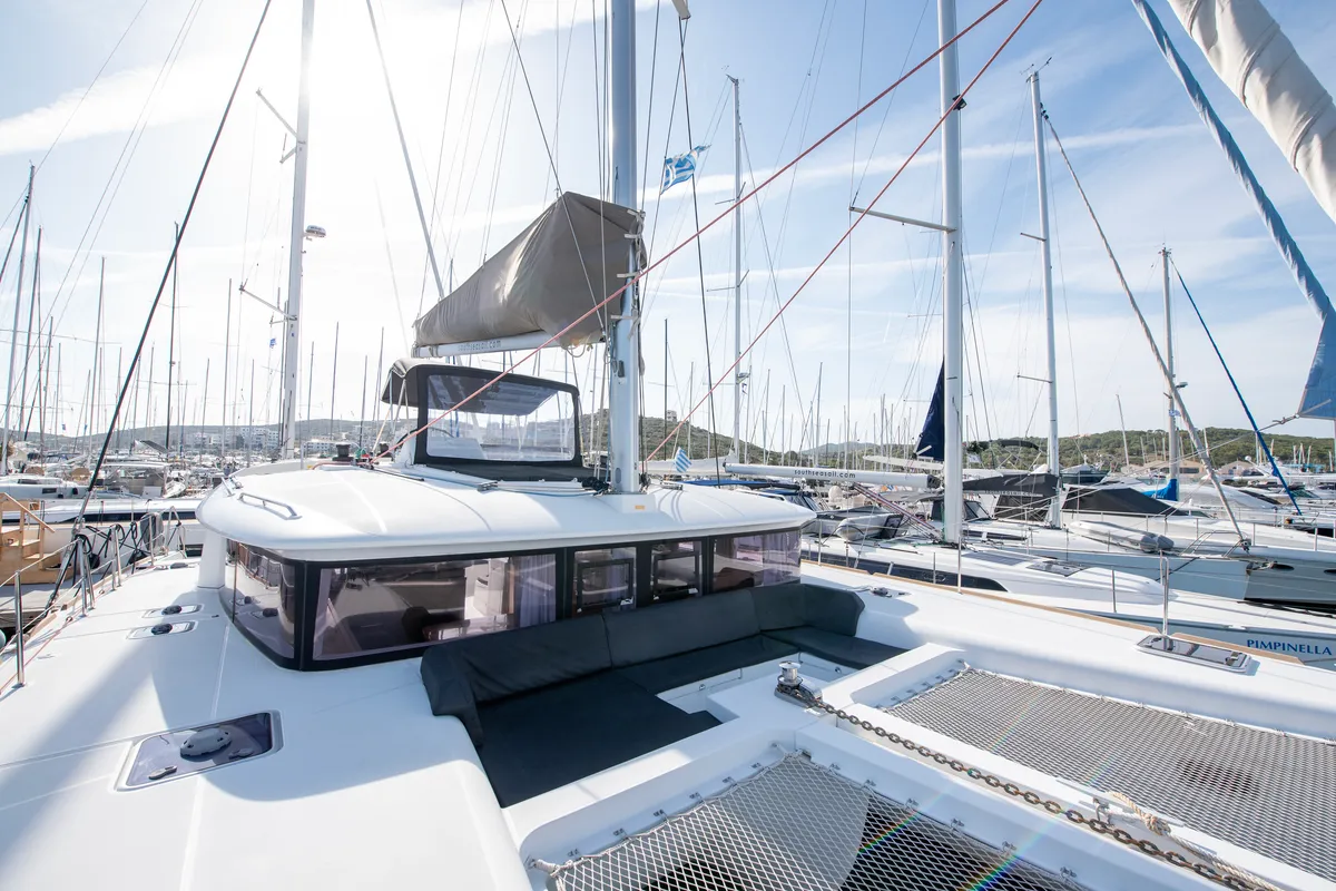 Deck of Diva, a Lagoon 450 Fly catamaran at Lavreotiki Municipal Unit, Greece