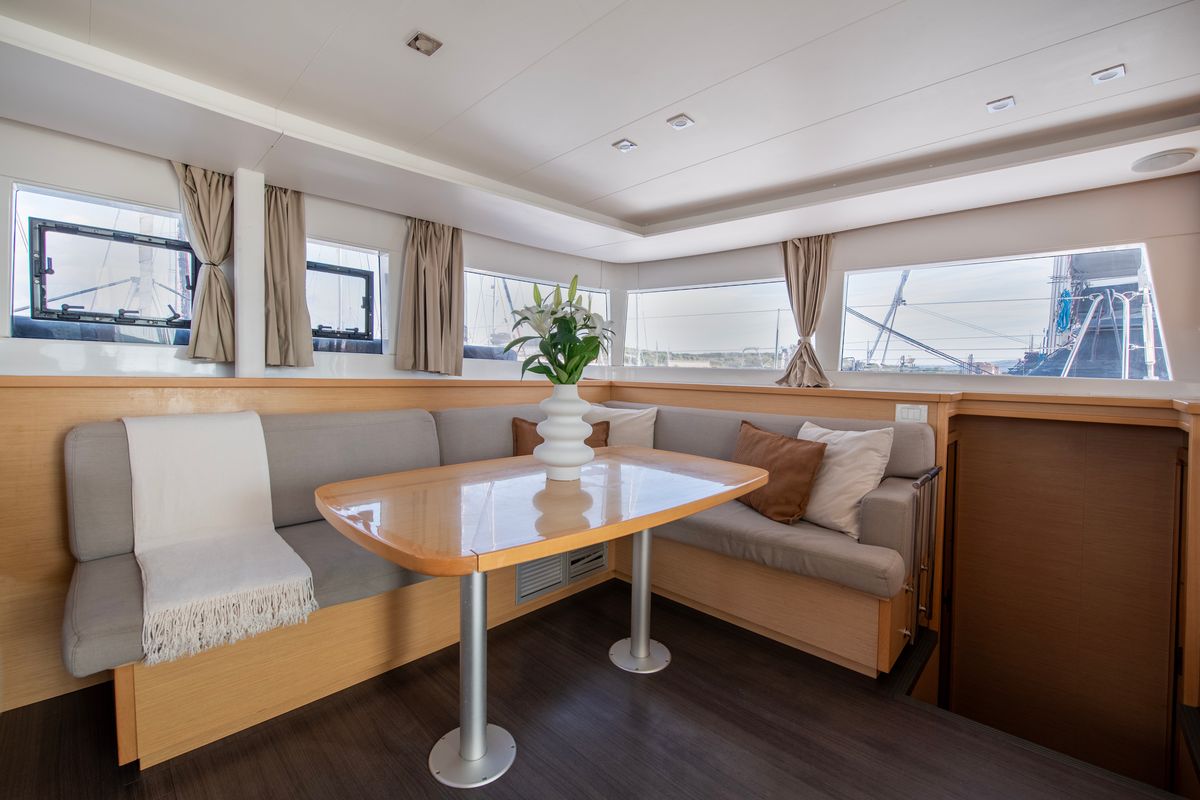 Salon of Diva, a Lagoon 450 Fly catamaran at Lavreotiki Municipal Unit, Greece