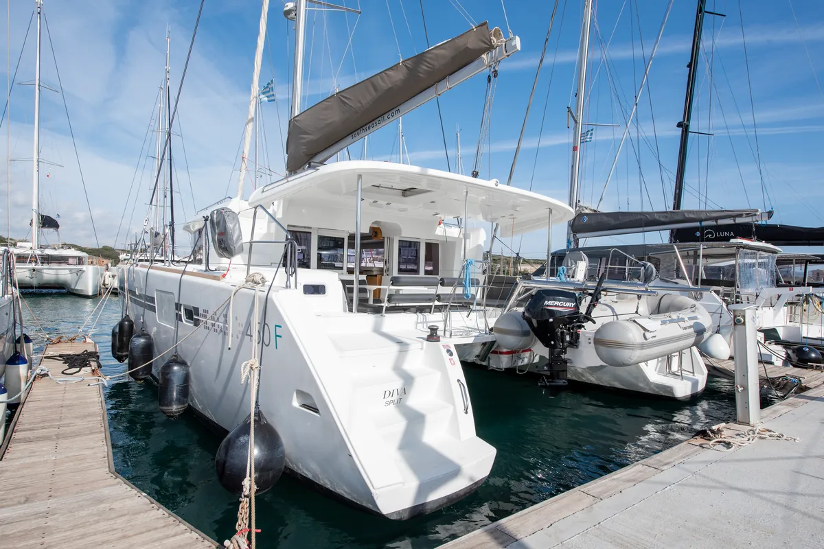 Exterior view of Diva, a Lagoon 450 Fly catamaran at Lavreotiki Municipal Unit, Greece