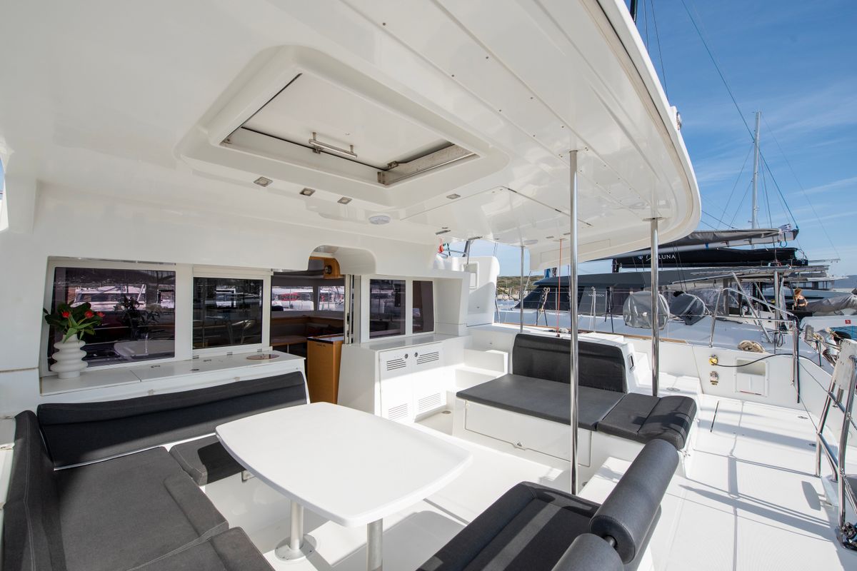 Deck of Diva, a Lagoon 450 Fly catamaran at Lavreotiki Municipal Unit, Greece